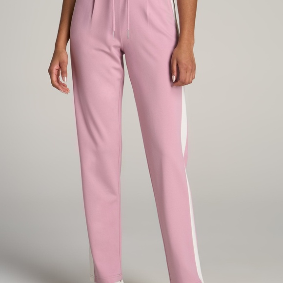 American Tall Pull On Tuxedo Stripe Pants for Tall Women in Pink Peony and White - Picture 1 of 3